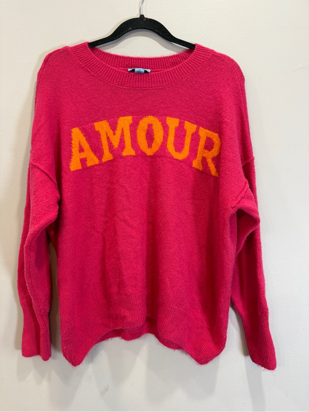 CeCe Hot Pink 'AMOUR' Crewneck Sweater with Orange Lettering